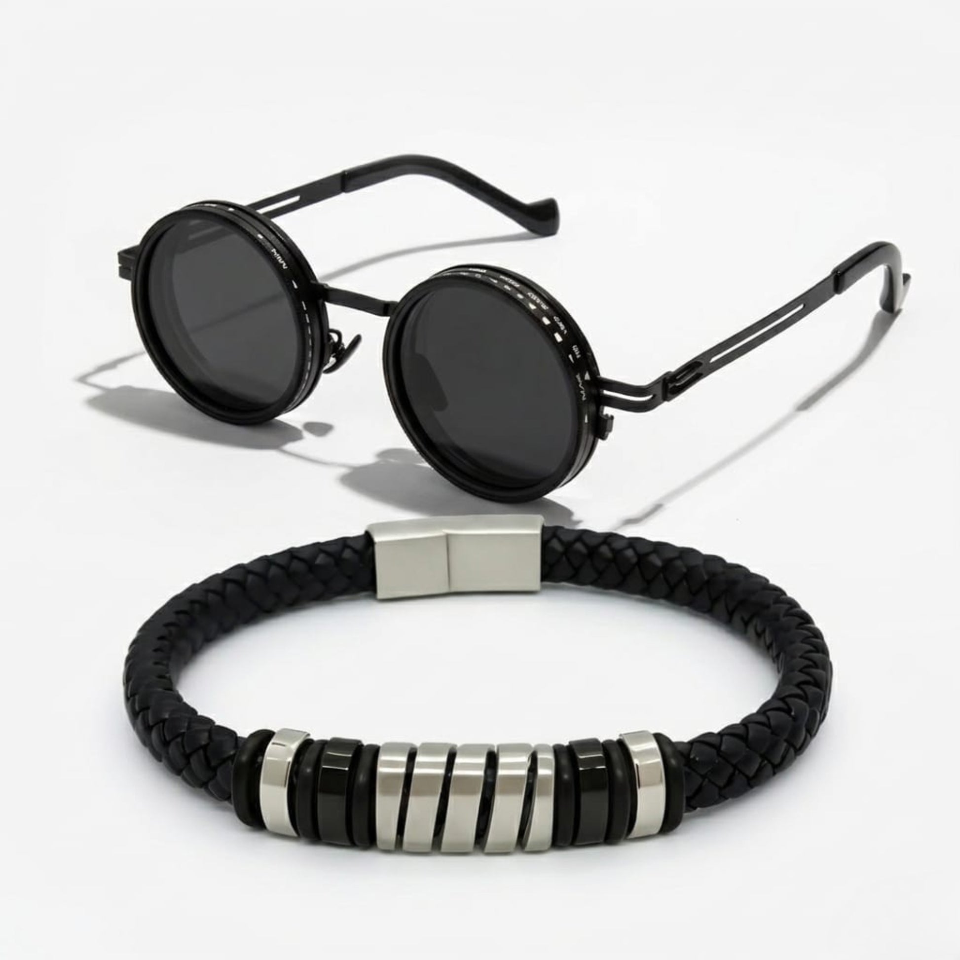 Titan Zenith Bundle B-124 SG-001 includes a men's bracelet and round black sunglasses on a white background.