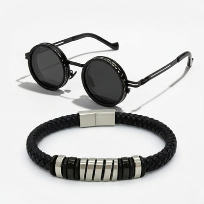 Titan Zenith Bundle B-124 SG-001 includes a men's bracelet and round black sunglasses on a white background.