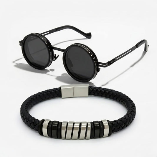 Men's bracelet and round sunglasses set: black braided strap with silver-black metal accents
