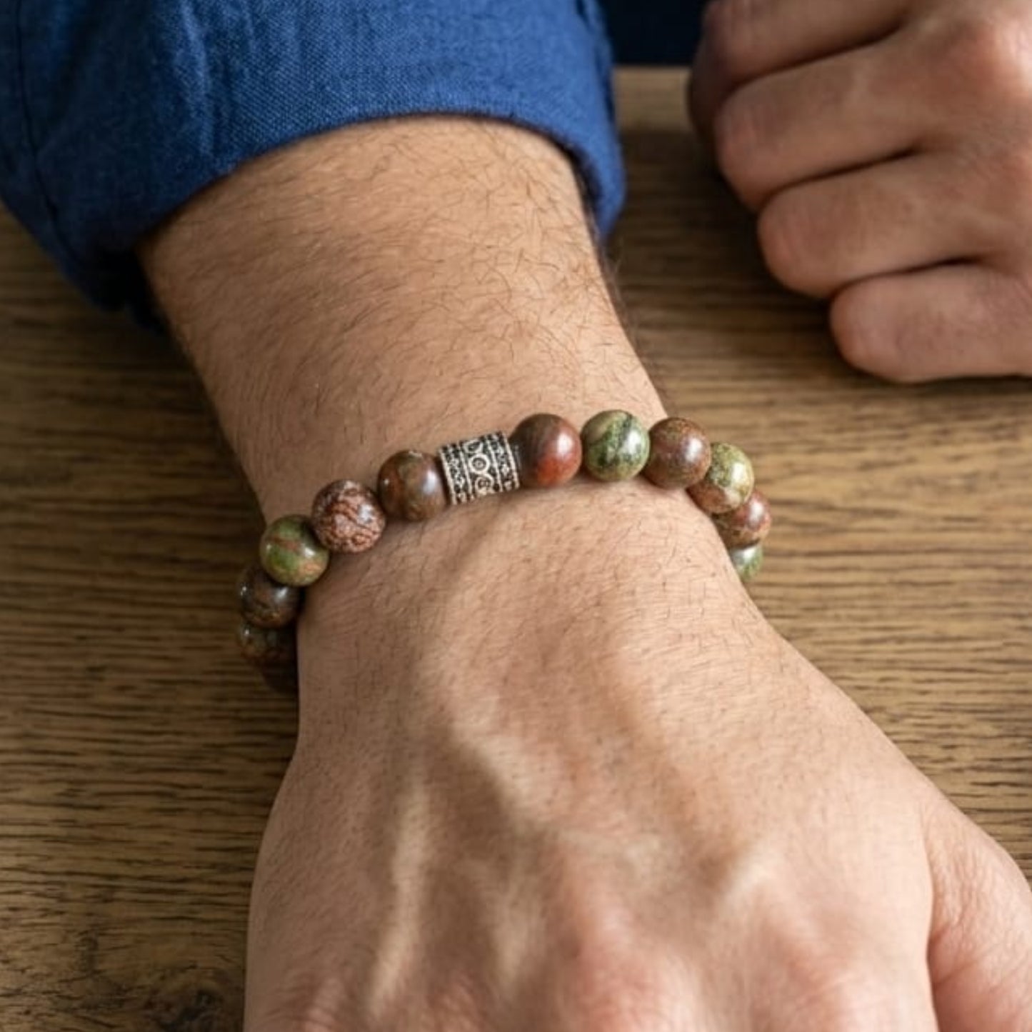 Men's Stone & Shade Bundle G-9 SG-001 featuring a beaded bracelet with earthy tones on a wrist.