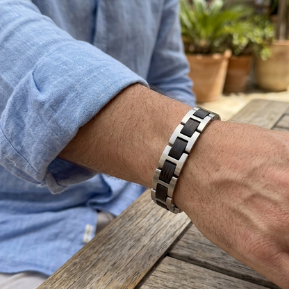 Luxury Natural Ebony Wood & Stainless Steel Bracelet - B-190 | Men's - Overpowered Accessories