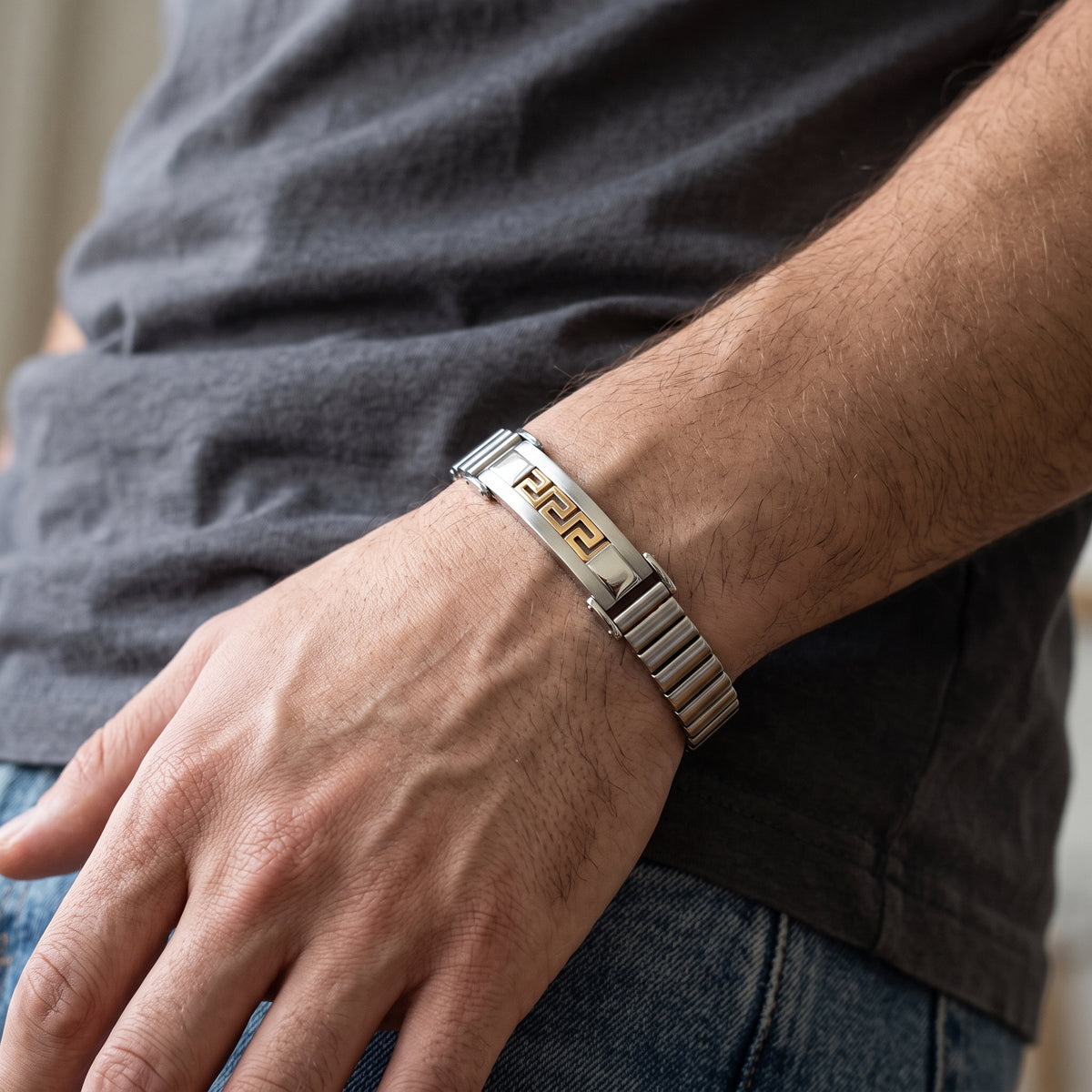 Men's stainless steel bracelet with Greek key gold inlay and watch clasp, silver finish