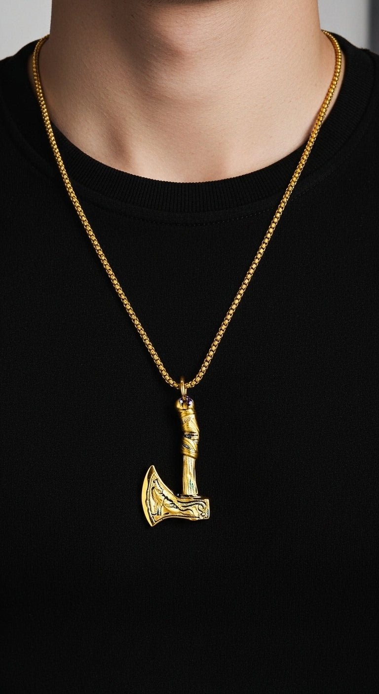 Viking Axe Pendant PN-008 | Gold Steel Necklace - Overpowered Accessories | Egypt