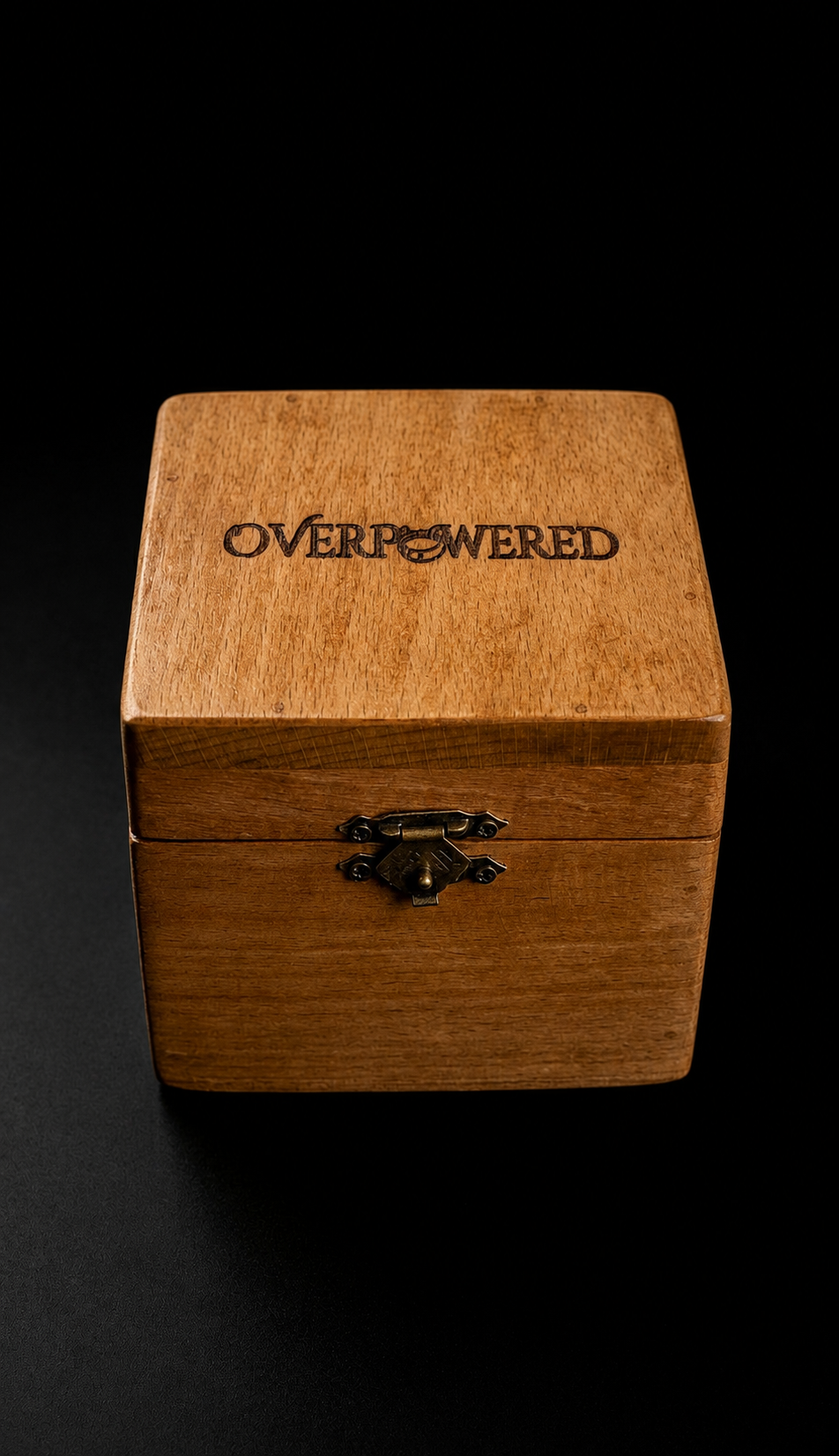 Men's wooden watch box with hinged lid and "OVERPOWERED" engraving