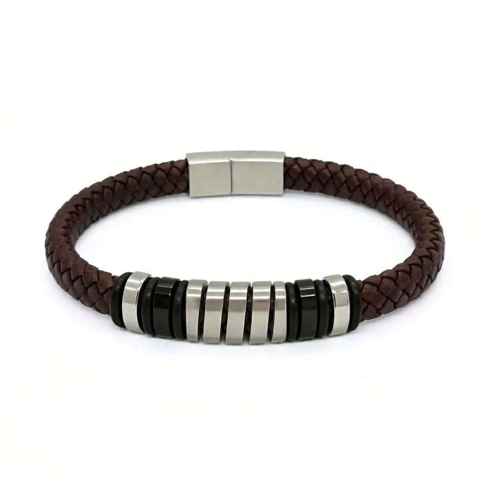 Luxury brown leather and silver stainless steel B-126 bracelet for men by Overpowered Accessories. Features braided design an