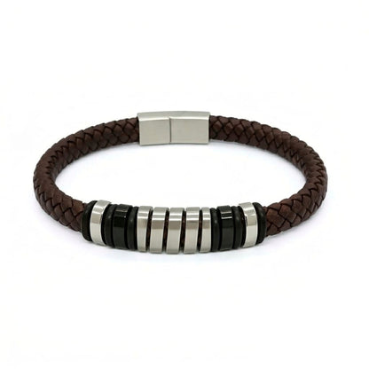 Luxury brown leather and silver stainless steel B-126 bracelet for men by Overpowered Accessories. Features braided design an