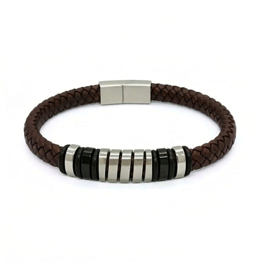 Luxury brown leather and silver stainless steel B-126 bracelet for men by Overpowered Accessories. Features braided design an