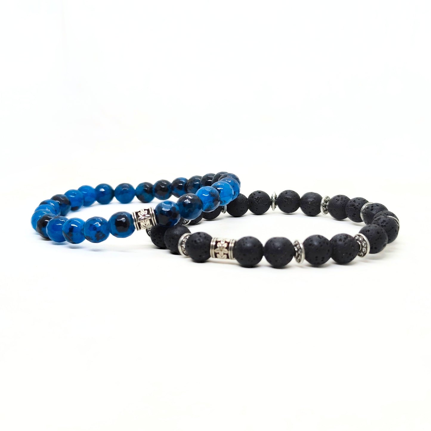 Men's bracelet bundle: blue and black beaded bracelets with silver-tone spacers