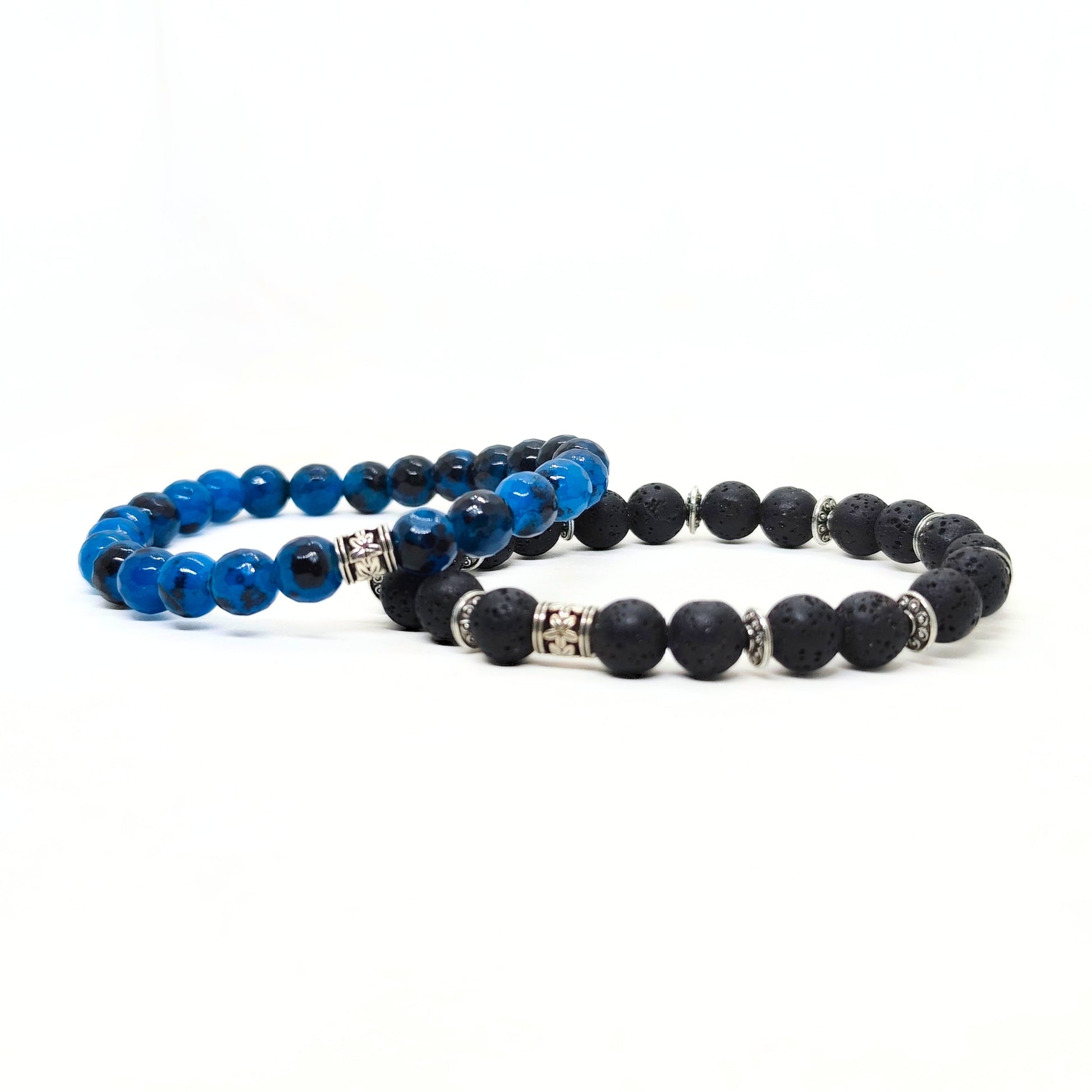 Men's bracelet bundle: blue and black beaded bracelets with silver-tone spacers