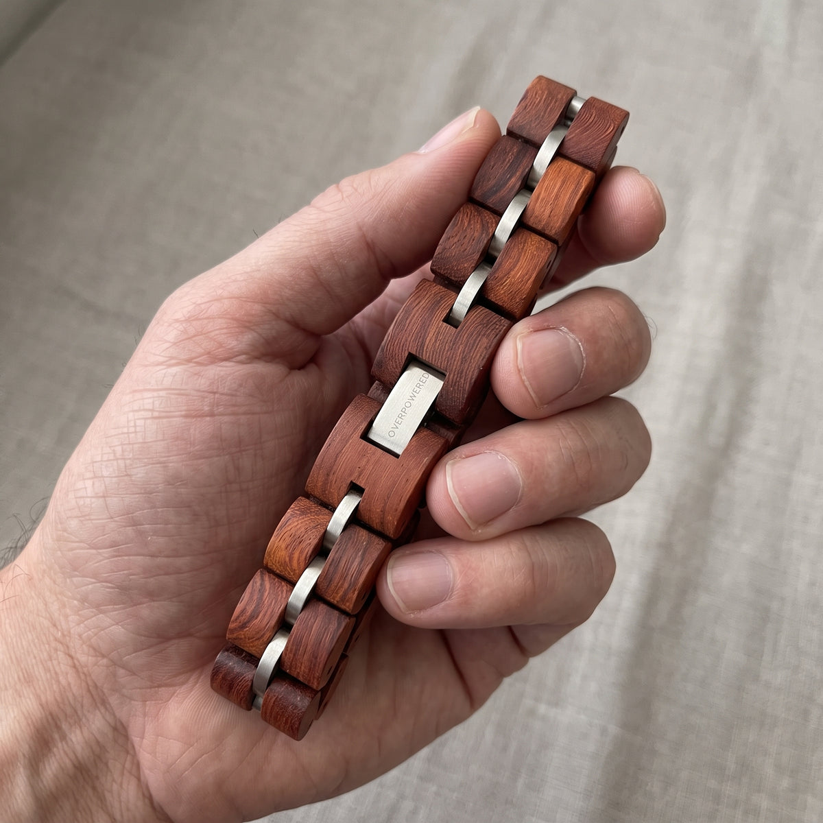 Adjustable rosewood bracelet with silver metal links and engraved center plate, Overpowered Accessories
