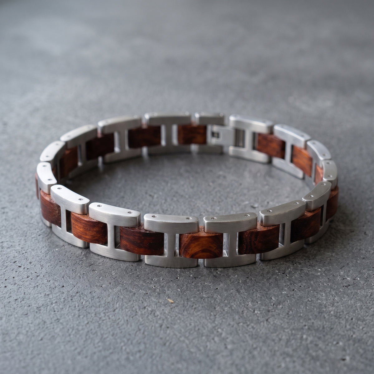 Men's stainless steel and rosewood inlay bracelet, silver links with brown wood panels, Overpowered Accessories