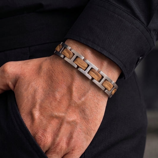 Adjustable dark leather bracelet with stainless-steel and zebrawood inlay links
