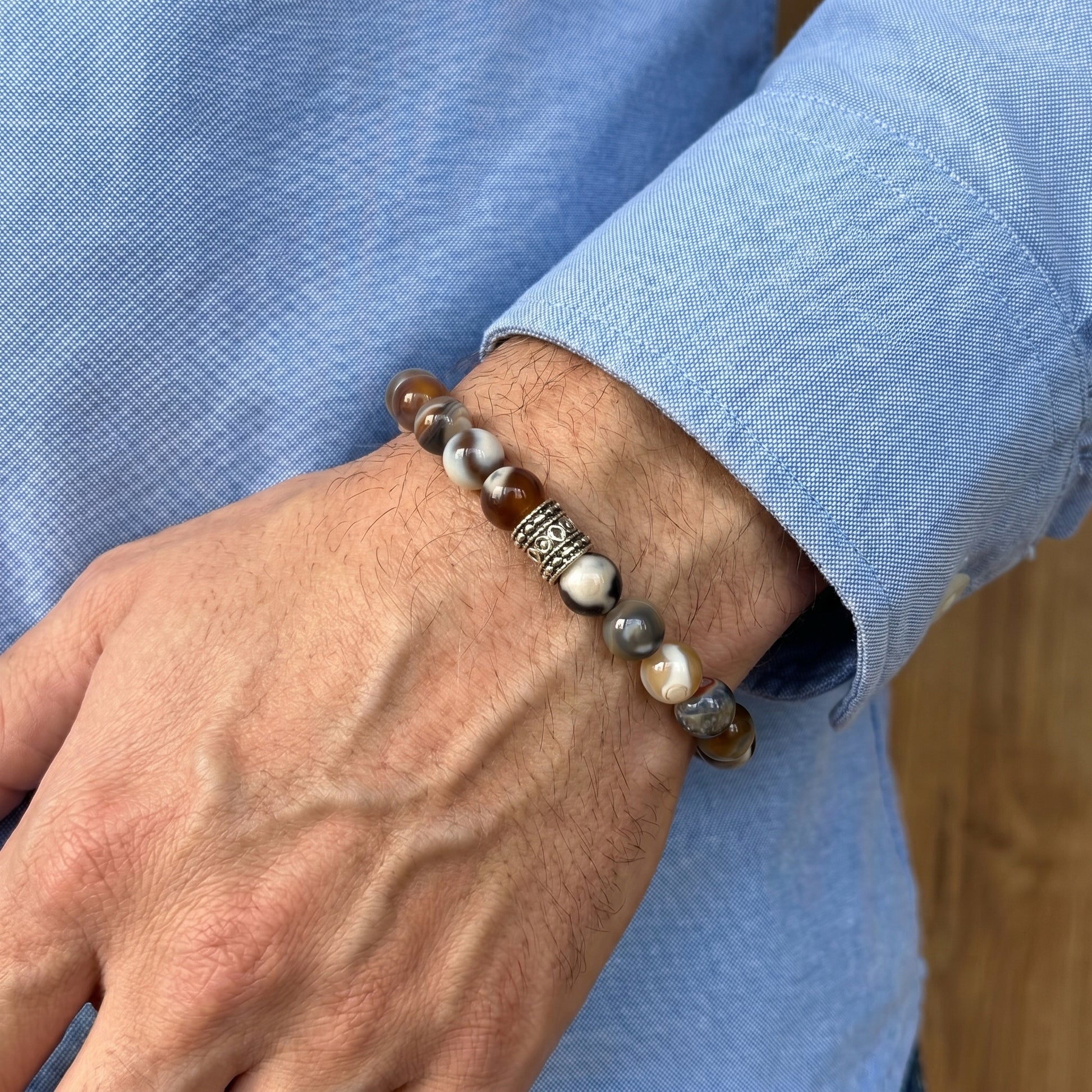 Natural Agate G-18 Stone Bracelet for men featuring a mix of earthy tones and a decorative silver accent.