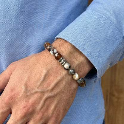 Natural Agate G-18 Stone Bracelet for men featuring a mix of earthy tones and a decorative silver accent.