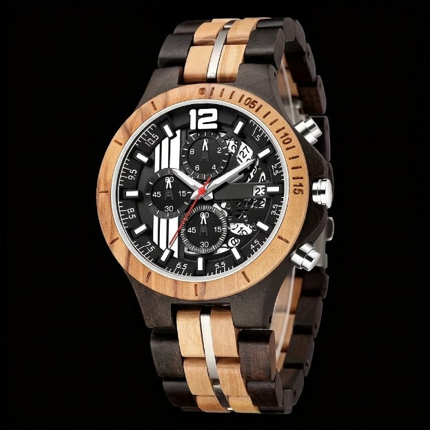 Men's wooden sport watch with dark chronograph dial, walnut bezel, ebony bracelet