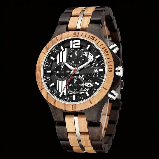 Men's wooden sport watch with dark chronograph dial, walnut bezel, ebony bracelet, Overpowered Accessories