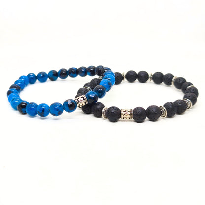 Men's bracelet bundle with blue and black round beads, silver-tone center charms