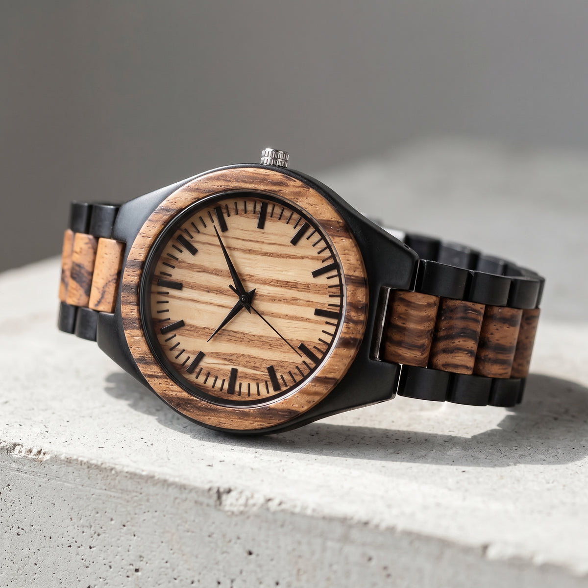Men's zebrawood and ebony wooden watch with round dial and black link band, Overpowered Accessories