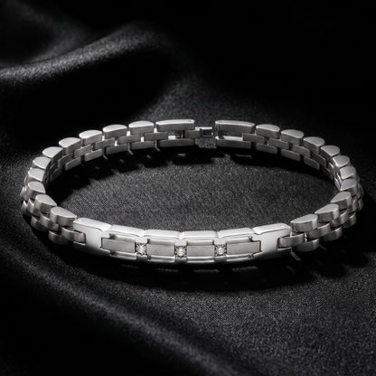 Silver stainless steel link bracelet with three micro zircon settings