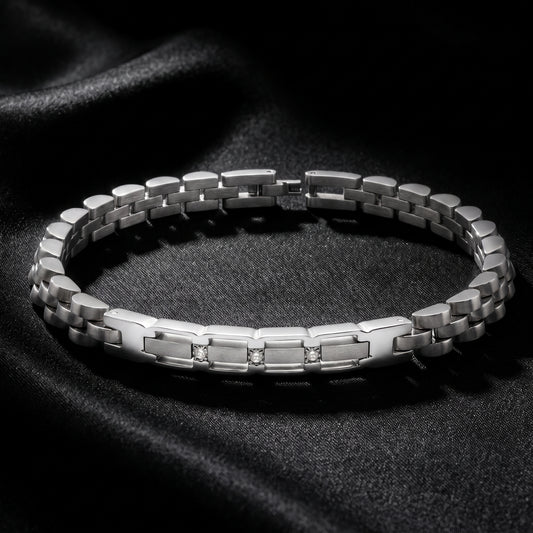 Silver stainless steel link bracelet with three micro zircon settings