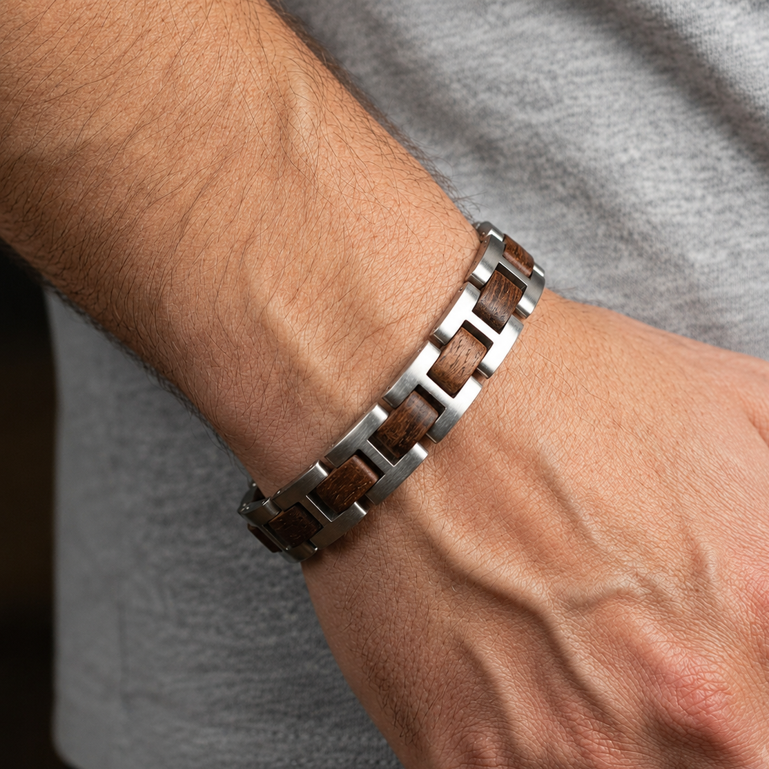 Luxury Natural Walnut Wood & Stainless Steel Bracelet - B-191 | Men's - Overpowered Accessories