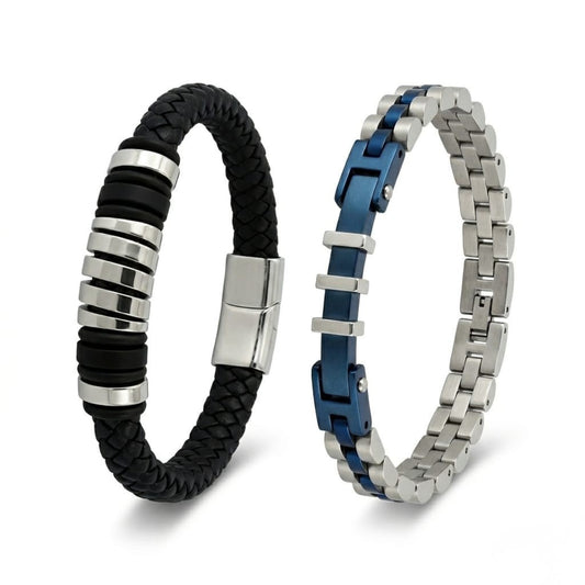 Men's bracelet set: black braided cuff with silver rings and steel link with blue accents