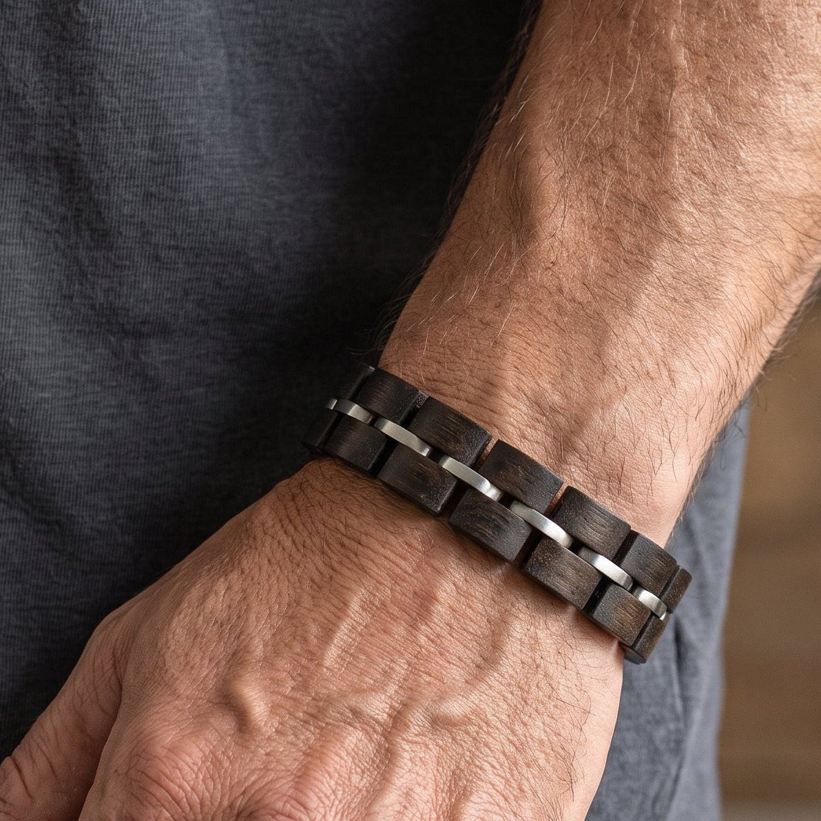 Men's ebony wood cuff bracelet with geometric woven links and metal inlays, Overpowered Accessories