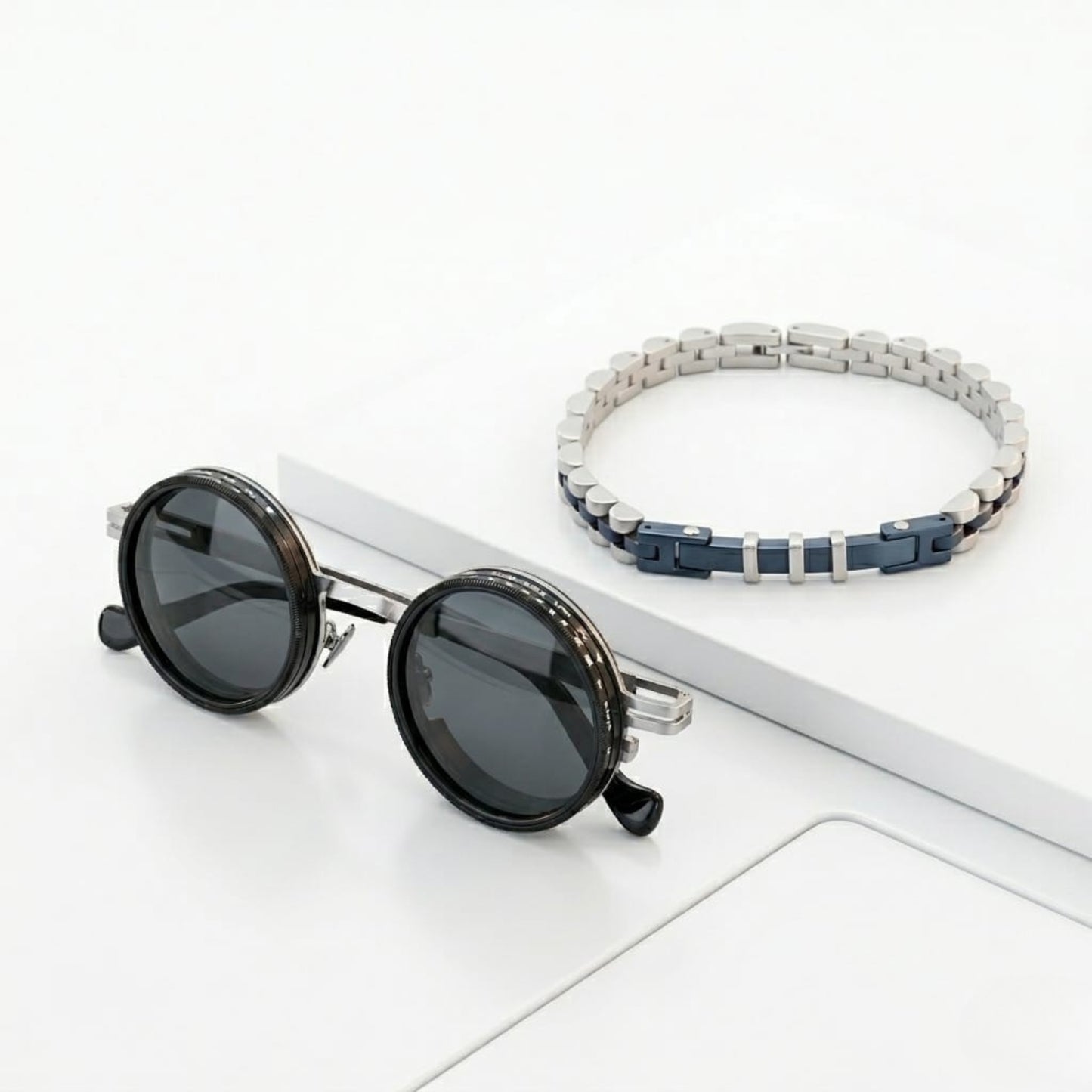 Azure Command Bundle SG-002 B-87 featuring round sunglasses and a men's bracelet in silver and blue tones.