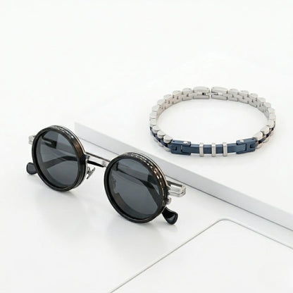Azure Command Bundle SG-002 B-87 featuring round sunglasses and a men's bracelet in silver and blue tones.