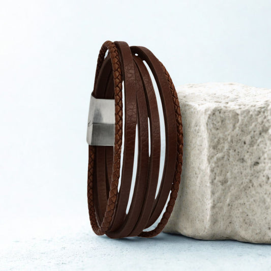 Brown leather wrap bracelet with braided edge and brushed silver metal clasp