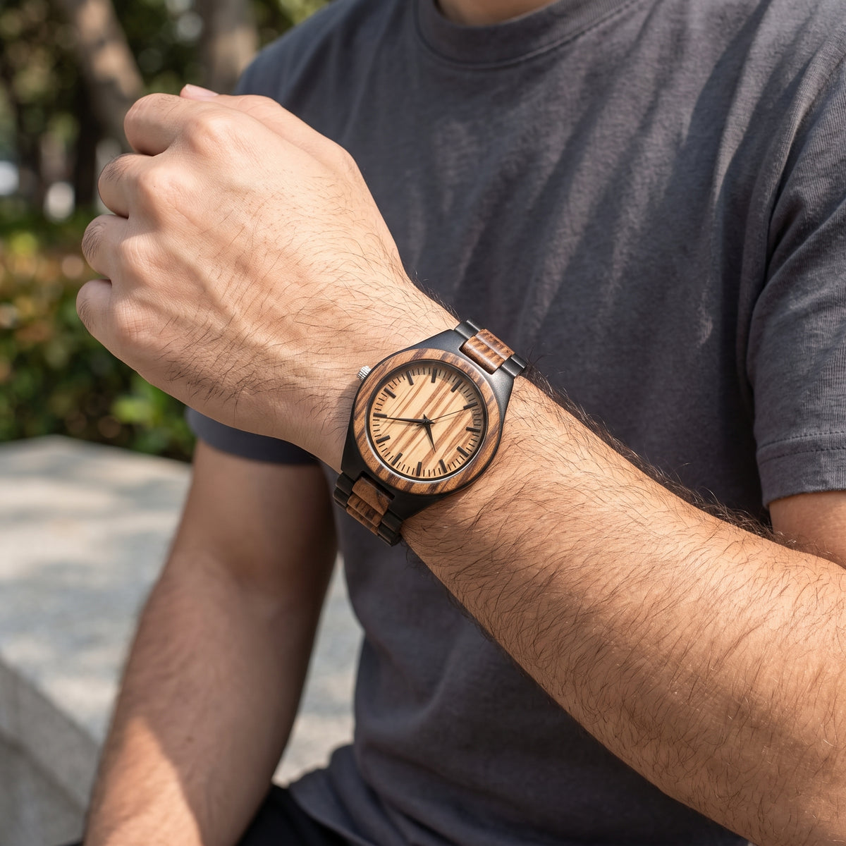 Men's zebrawood and ebony wooden wrist watch with round dial and dark strap, Overpowered Accessories