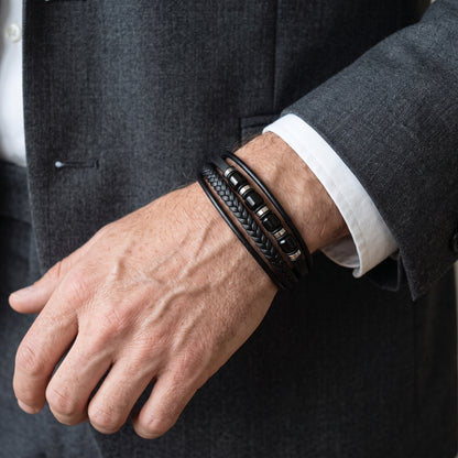 Men's black leather multi-wrap bracelet with metal accents