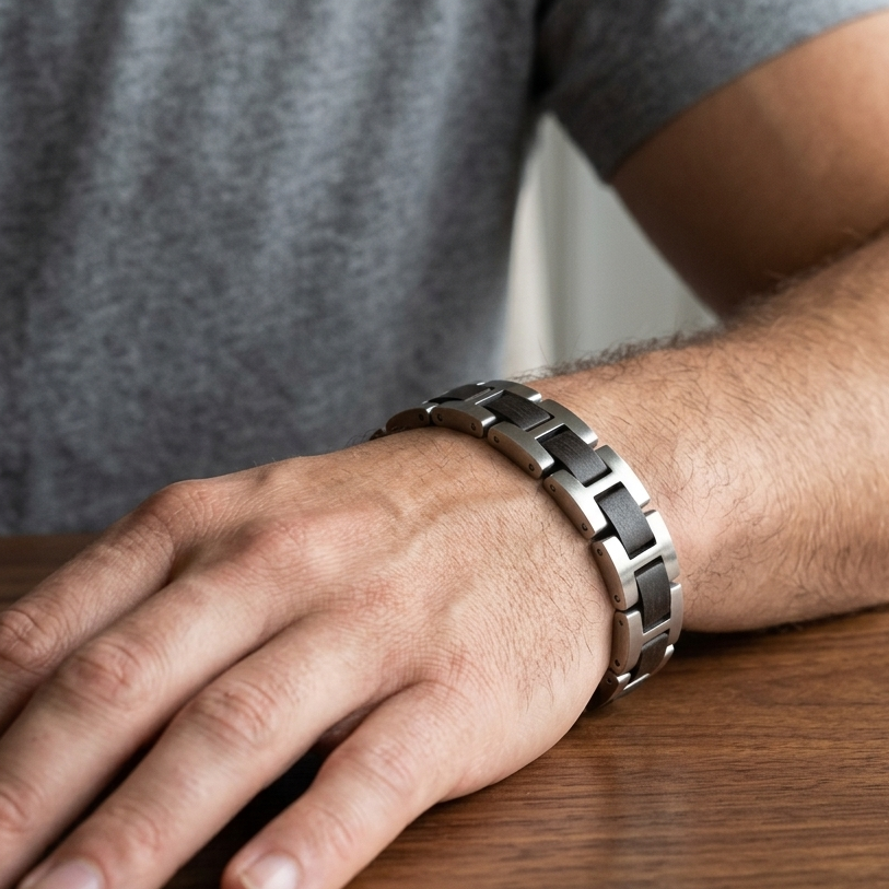 Luxury Natural Ebony Wood & Stainless Steel Bracelet - B-190 | Men's - Overpowered Accessories