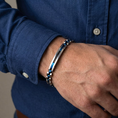 Men's stainless steel bracelet with blue inlay links