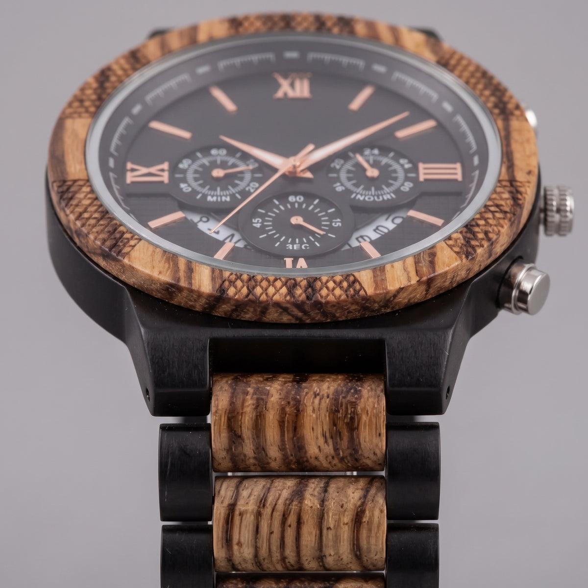 Men's zebrawood and ebony wood chronograph wristwatch, black dial, Roman numerals, side crown, Overpowered Accessories