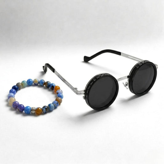Titan Meridian Bundle SG-002 G-10 features stylish black sunglasses and a colorful beaded men's bracelet.
