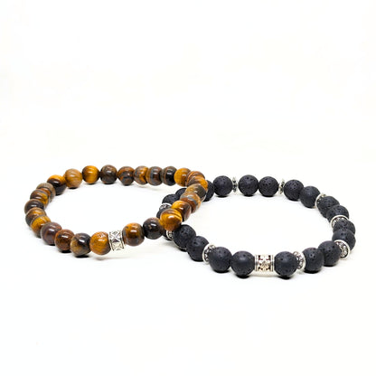 Dual men's bead bracelets: brown tiger-eye beads and dark lava rock beads with metal details
