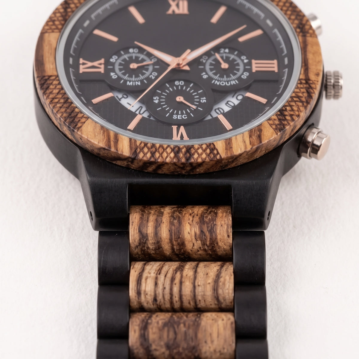 Men's zebrawood and ebony wood watch front view, black chronograph dial with Roman numeral markers, Overpowered Accessories