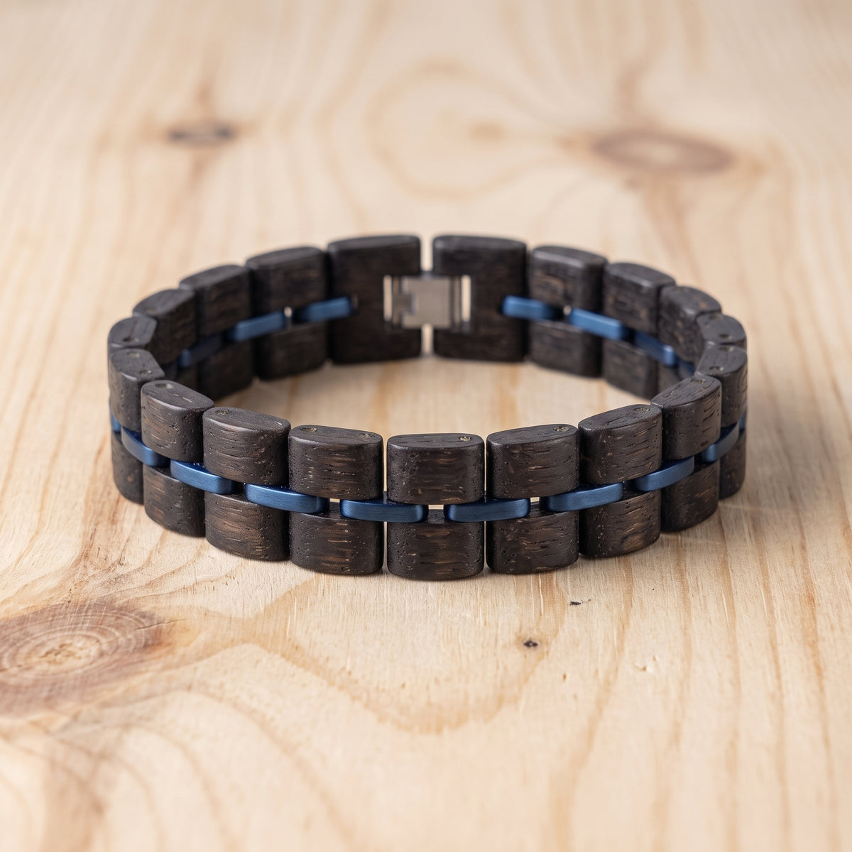 Men's ebony wood bracelet with blue inlay, rectangular links and metal clasp, Overpowered Accessories