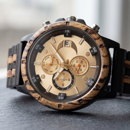 Men's wooden wristwatch angled view, cream dial, zebrawood bezel with side pushers, Overpowered Accessories
