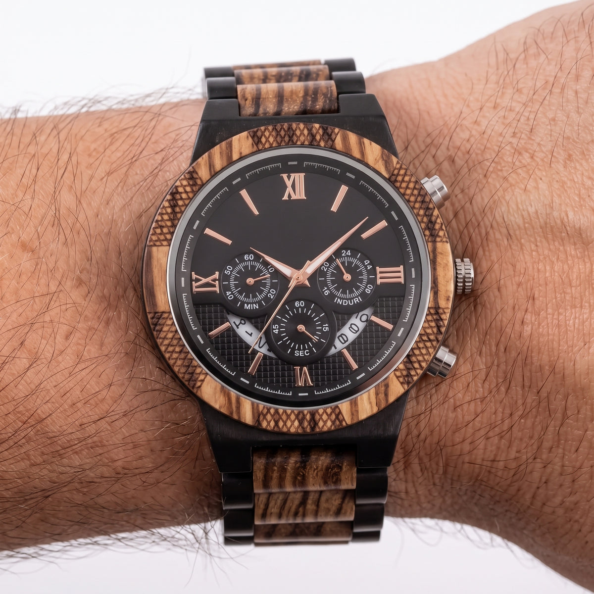 Men's round wood watch with black dial, Roman numerals, three chronograph subdials, Overpowered Accessories