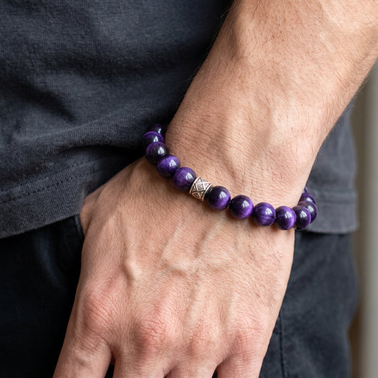 Men's purple tiger's eye bracelet with silver-tone square accent, worn on wrist