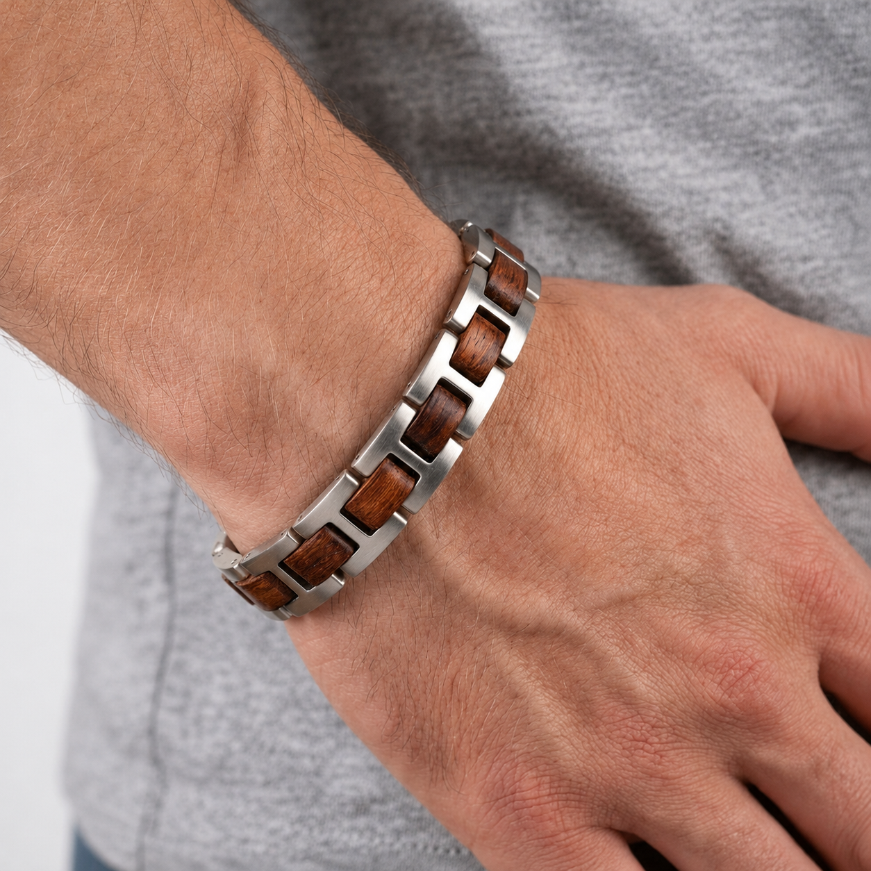 Luxury Natural Rosewood & Silver Stainless Steel Bracelet - B-188 | Men's - Overpowered Accessories