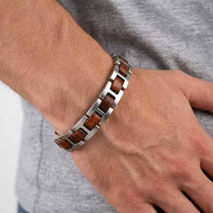 Luxury Natural Rosewood & Silver Stainless Steel Bracelet - B-188 | Men's - Overpowered Accessories