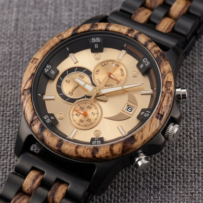 Men's wooden wristwatch dial close-up, zebrawood rim, cream face with subdials, Overpowered Accessories