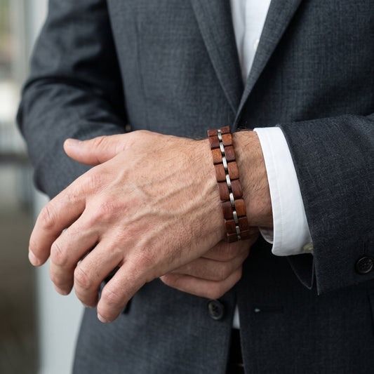 Men's adjustable rosewood bracelet featuring alternating brown wood squares and silver rings