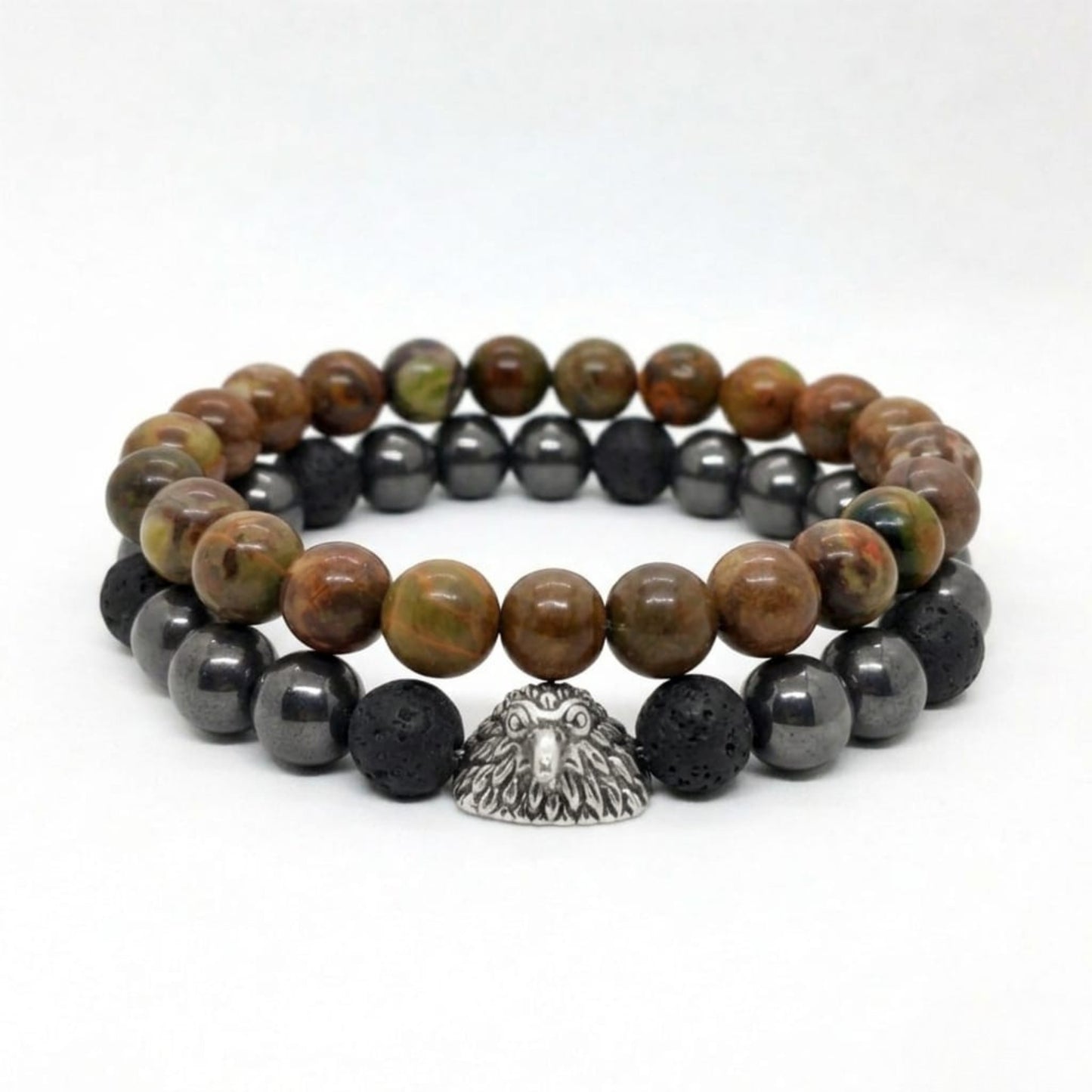 Men's Earthbound Sovereignty Bundle G-5 G-6 stone bracelets featuring earthy beads, lava stones, and a silver lion head charm