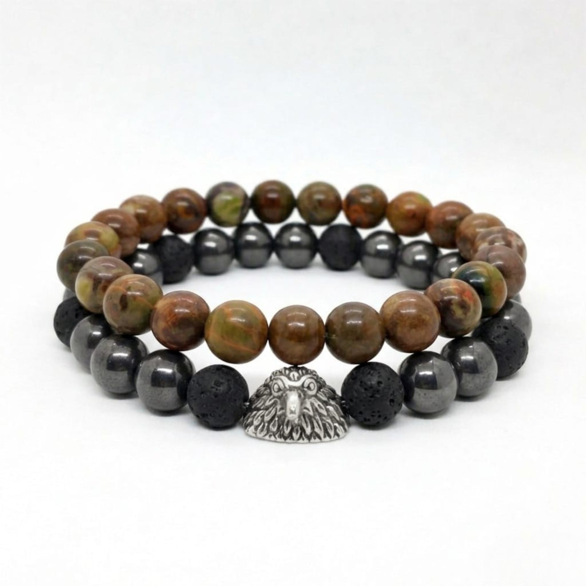Men's Earthbound Sovereignty Bundle G-5 G-6 stone bracelets featuring earthy beads, lava stones, and a silver lion head charm