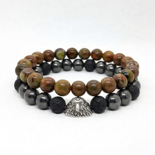 Men's stone bracelet set stacked with central silver cobra charm and mixed brown/black beads