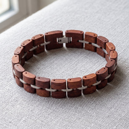 Rosewood link bracelet with silver metal connectors, circular band, Overpowered Accessories